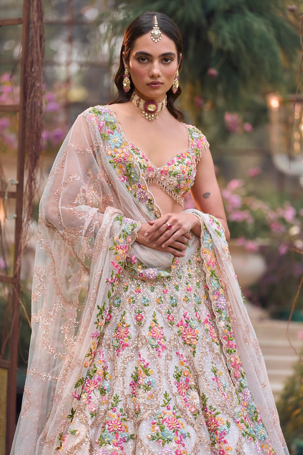 Cream Multi Coloured Floral Lehenga Set
