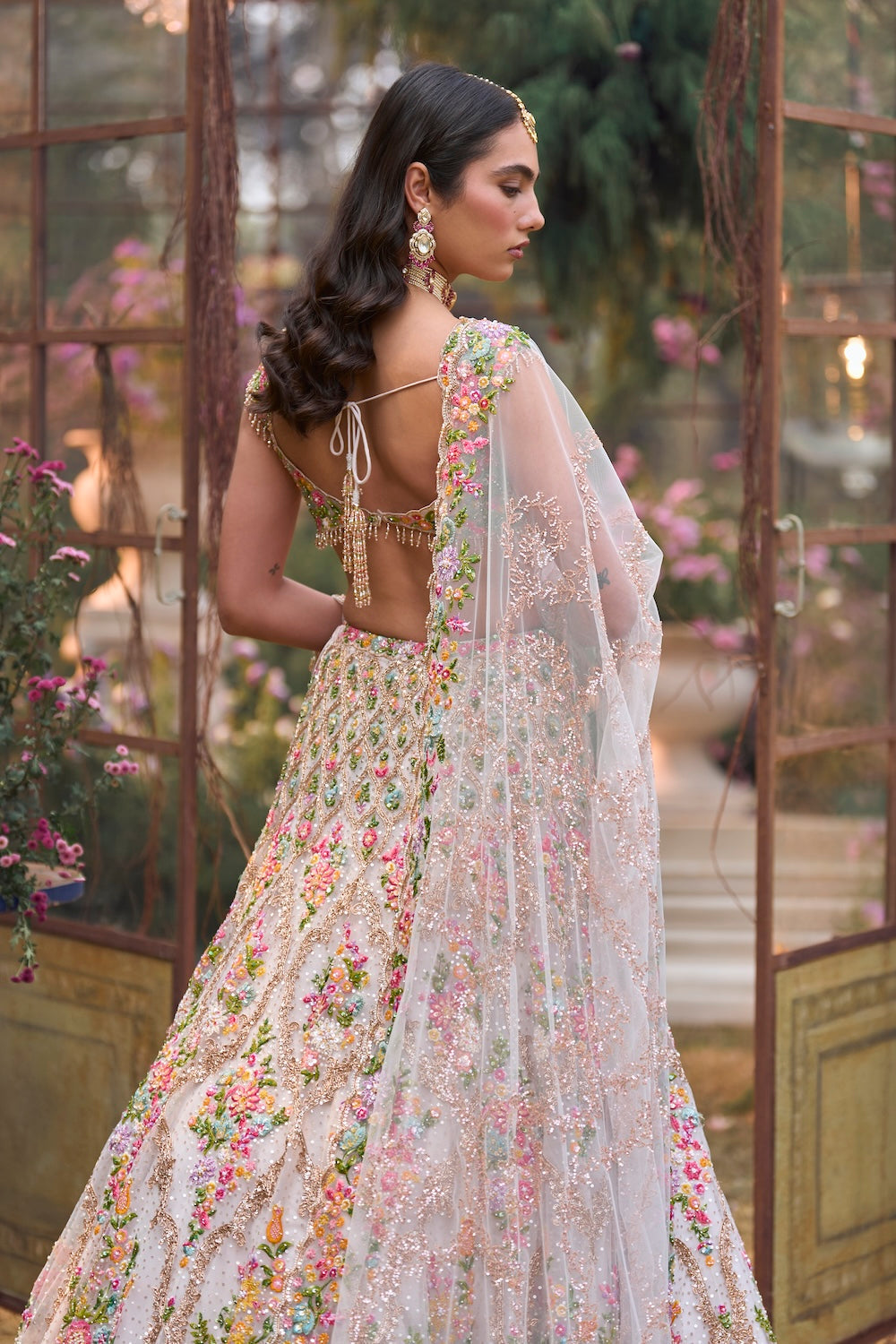 Cream Multi Coloured Floral Lehenga Set