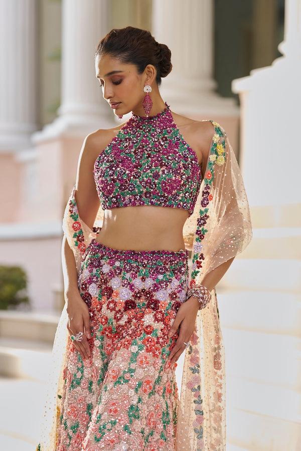 Ombre Multi-Coloured Three-Dimensional Floral Sharara Set Details