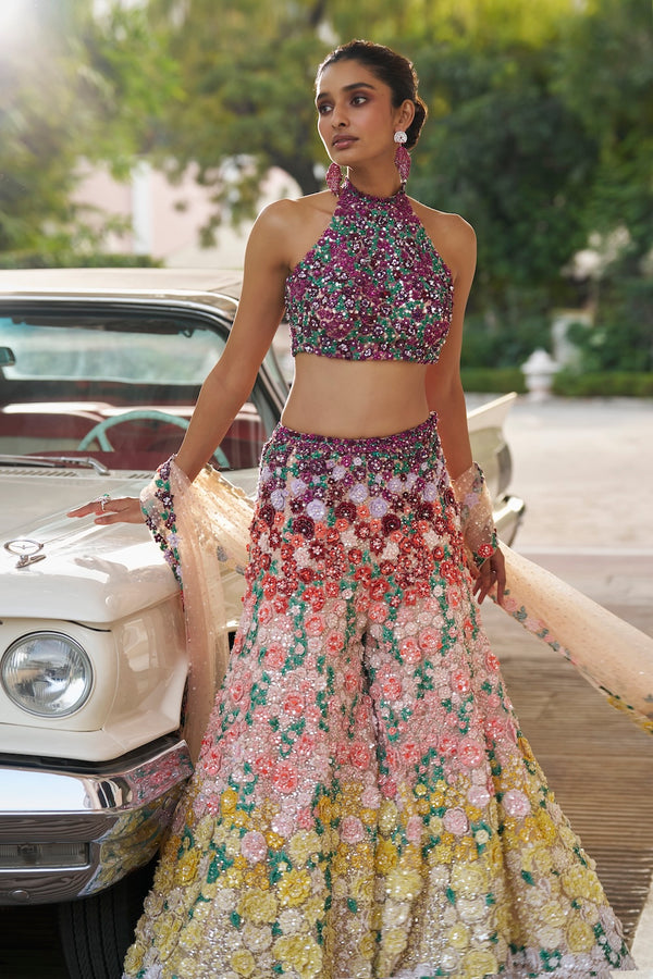 Ombre Multi-Coloured Three-Dimensional Floral Sharara Set Full 2