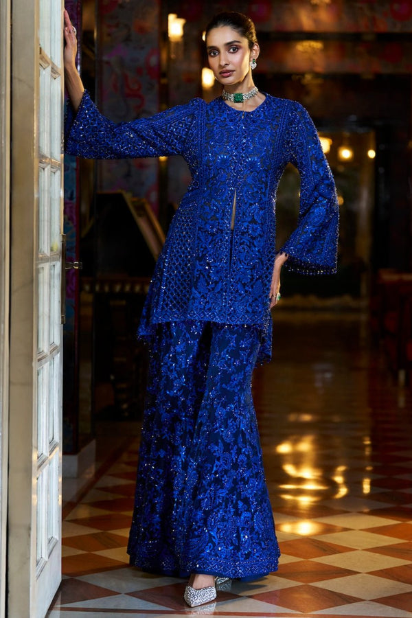 Navy Blue Thread Work Sharara Set Full