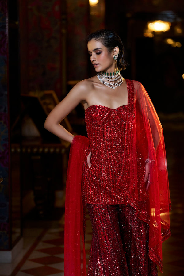 Off-Shoulder Red Sharara Set Full 2