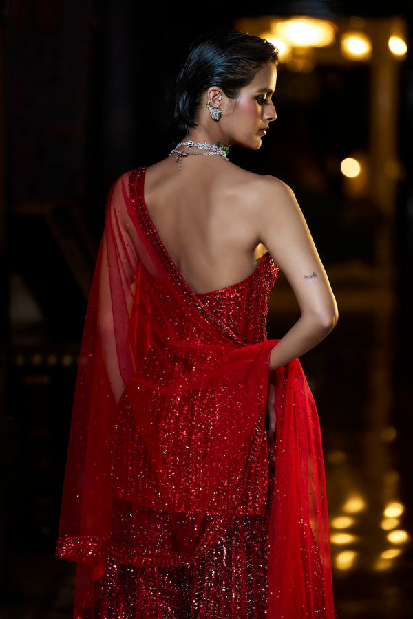 Off-Shoulder Red Sharara Set Back