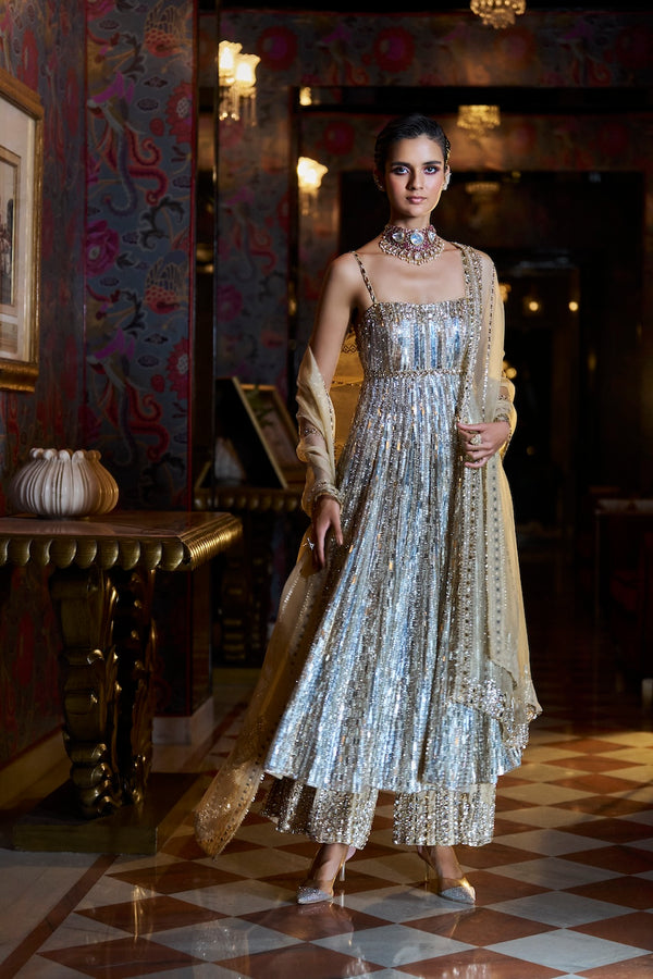 Gold Silver Crystal Sharara Set Full 2