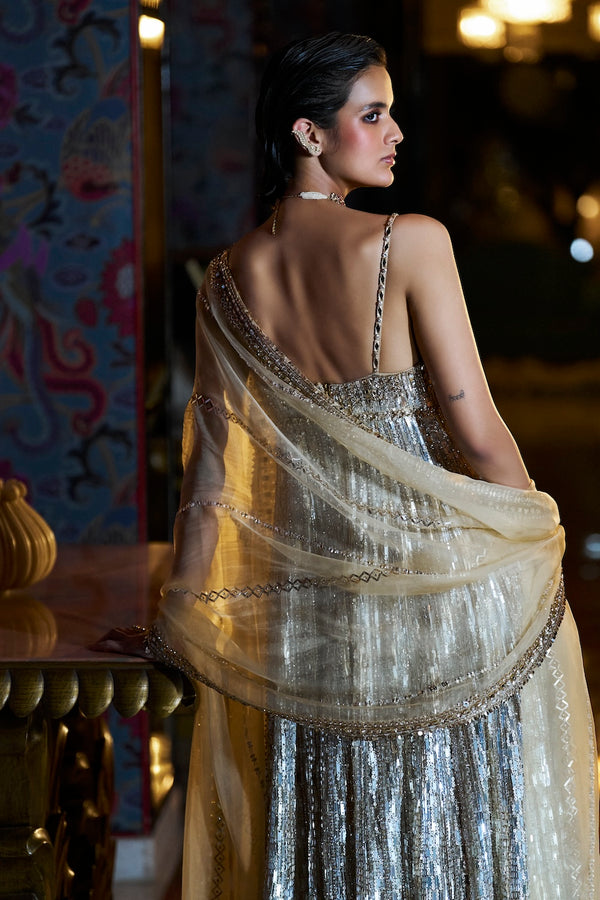 Gold Silver Crystal Sharara Set Back