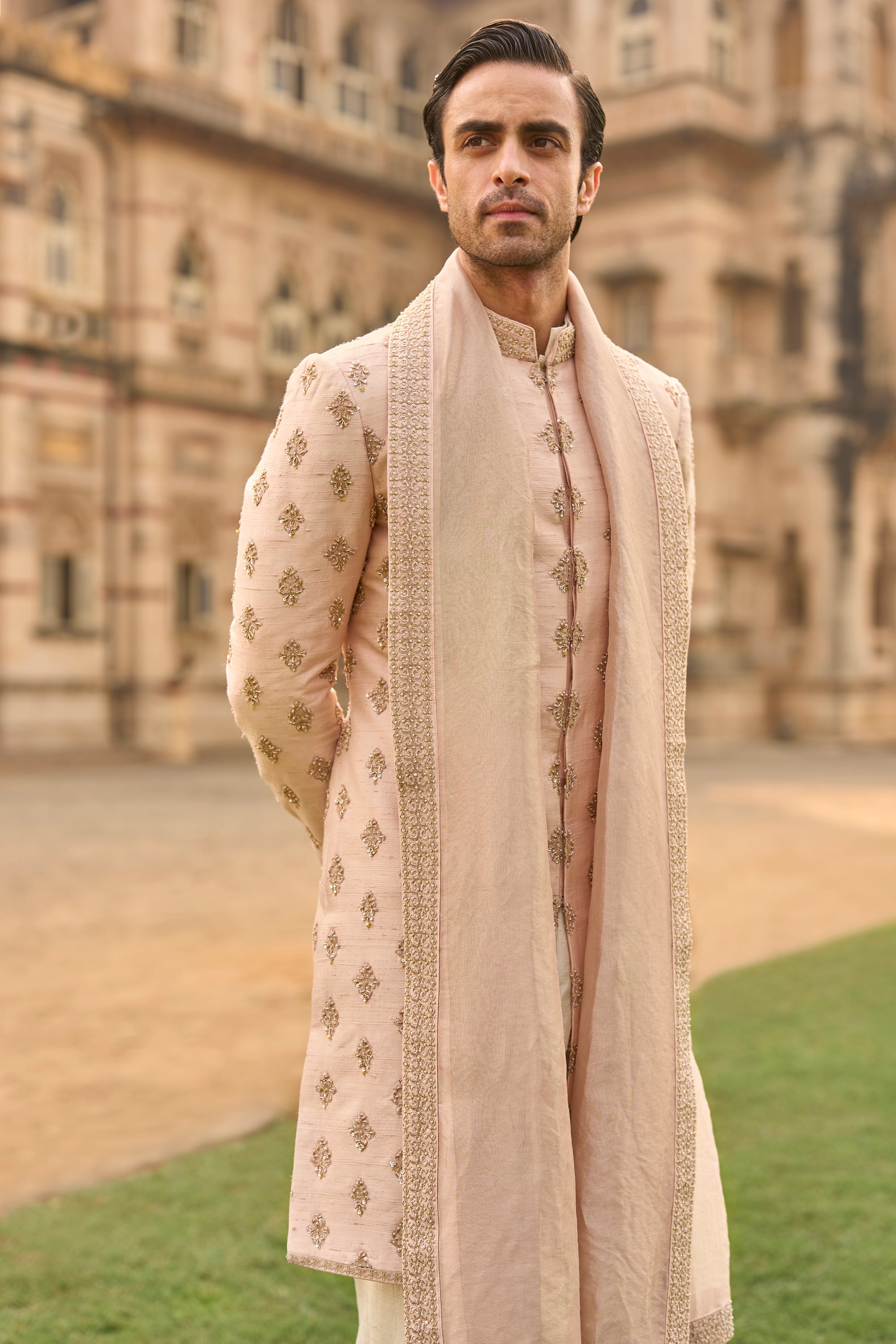 Powder Peach Dori Sherwani Set
