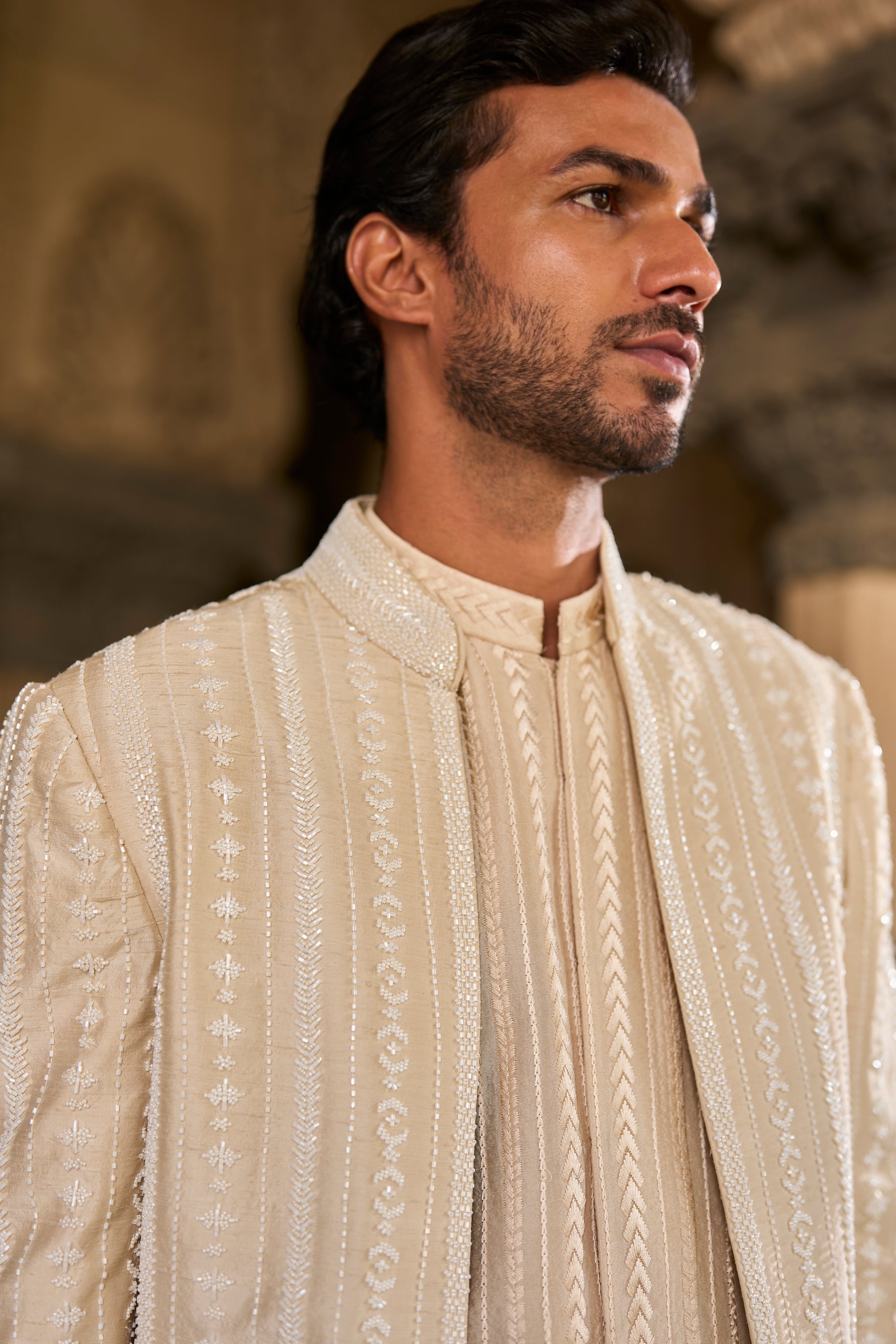 Beige Pearl Open Sherwani Set