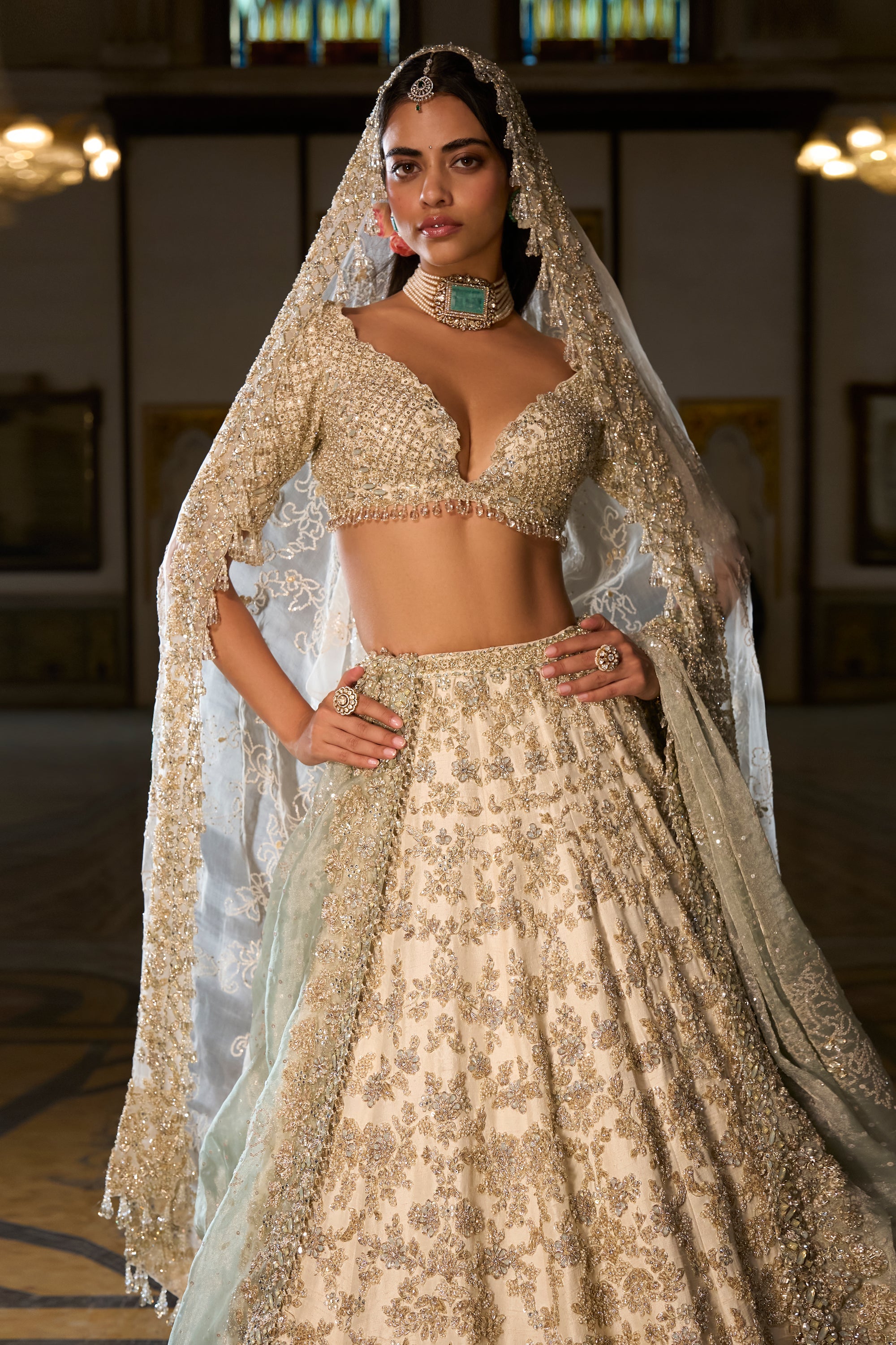 Ivory Sage Zardosi Lehenga Set
