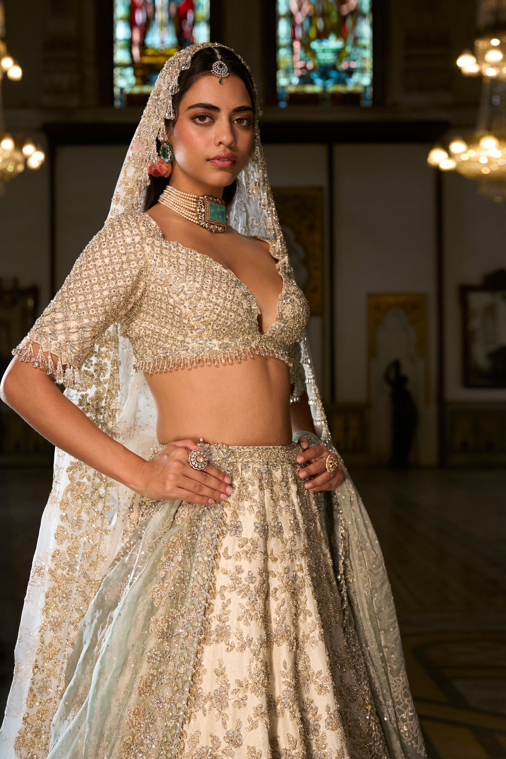 Ivory Sage Zardosi Lehenga Set