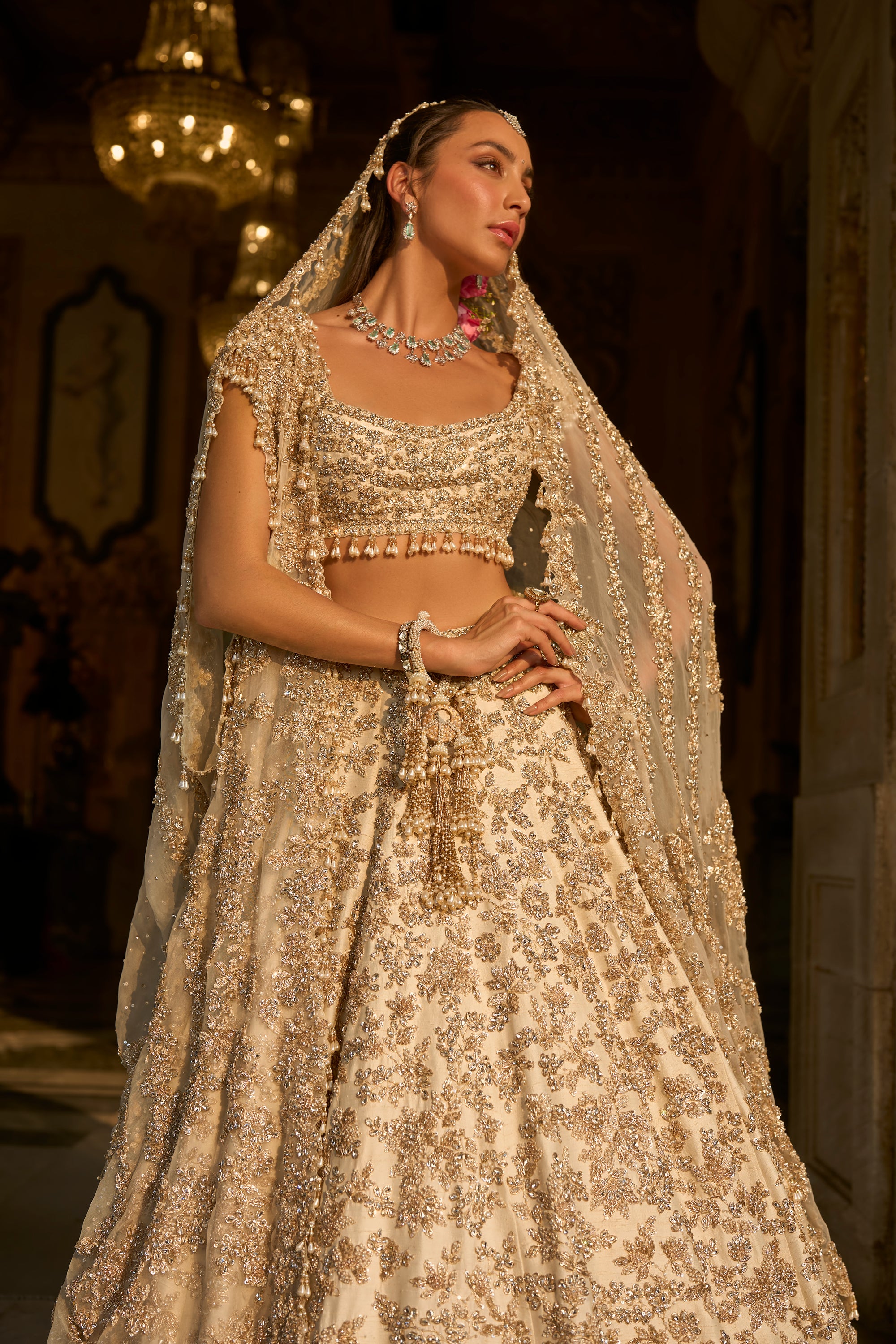 Ivory Gold Floral Zardosi Lehenga Set