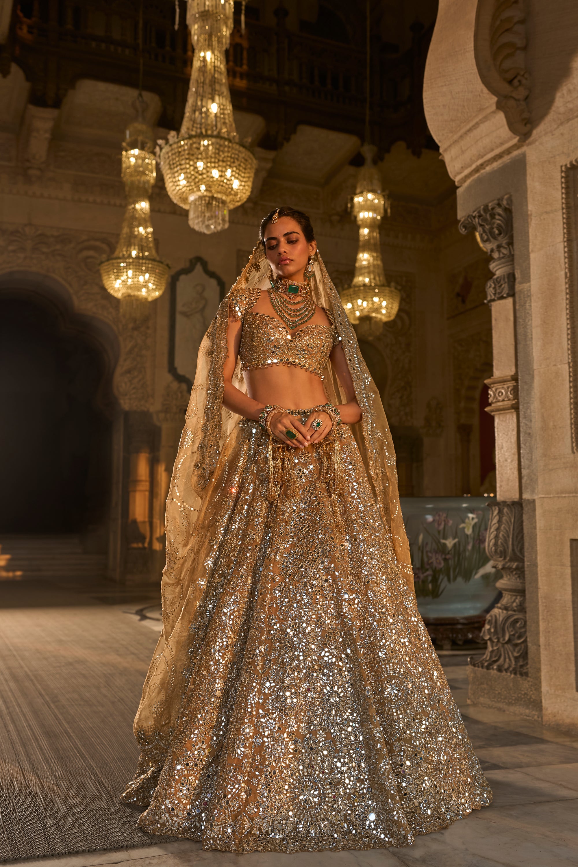 Gold Mirror Work Lehenga Set