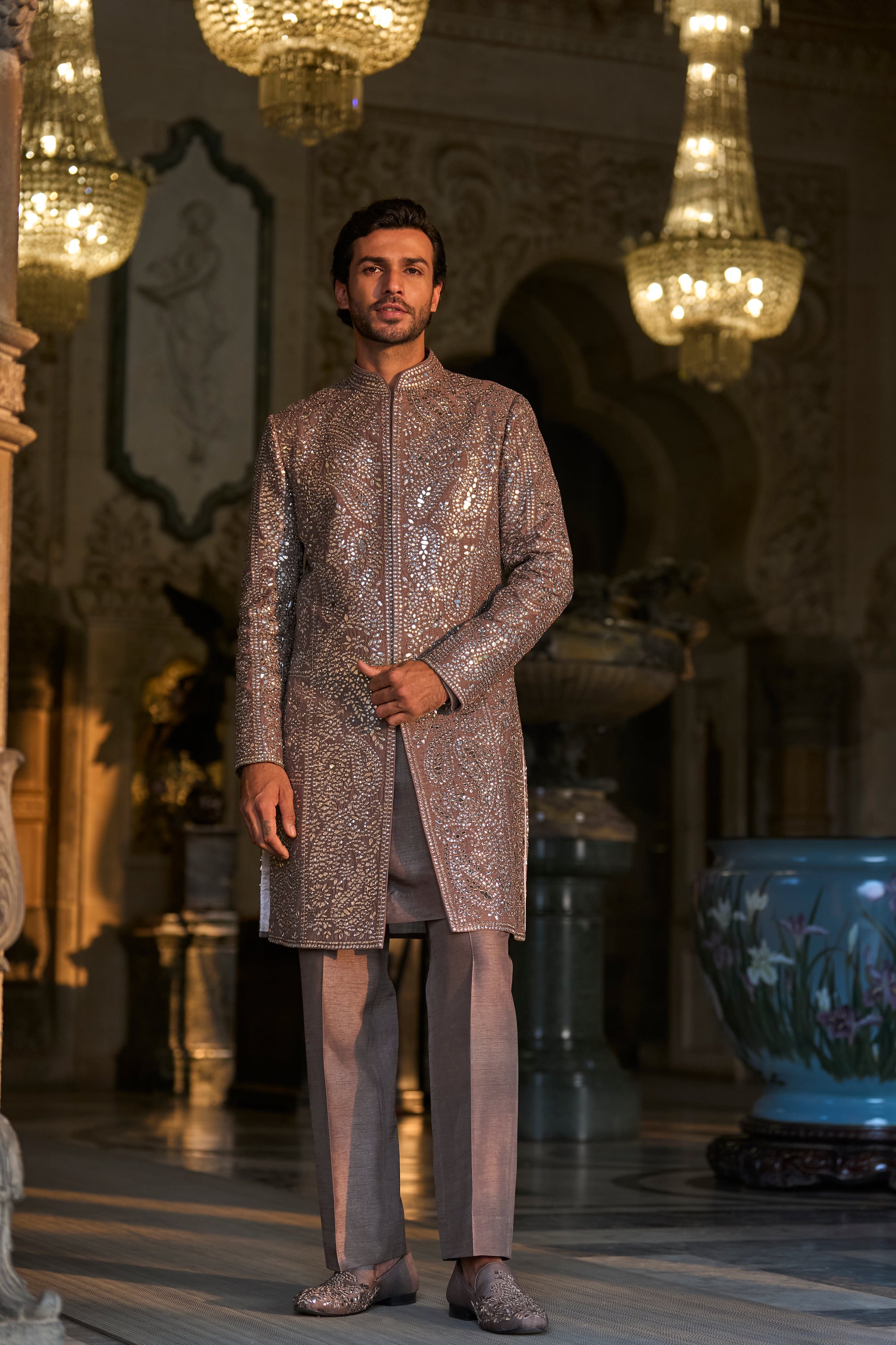 Stone Grey Mirror Work Sherwani Set