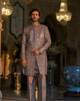 Stone Grey Mirror Work Sherwani Set