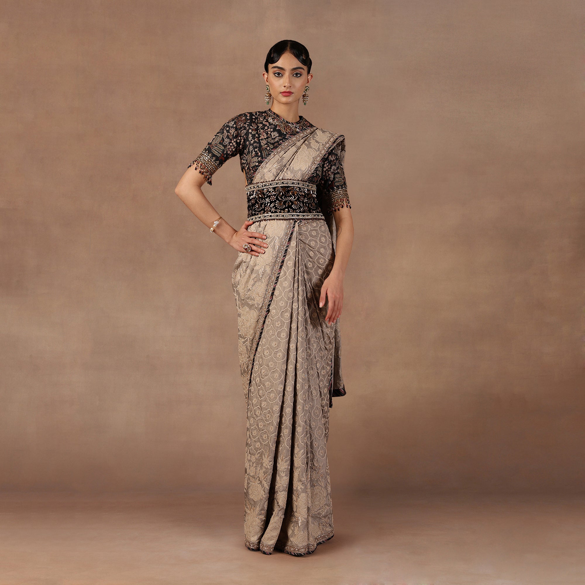 Taupe - Midnight Blue Saree Set