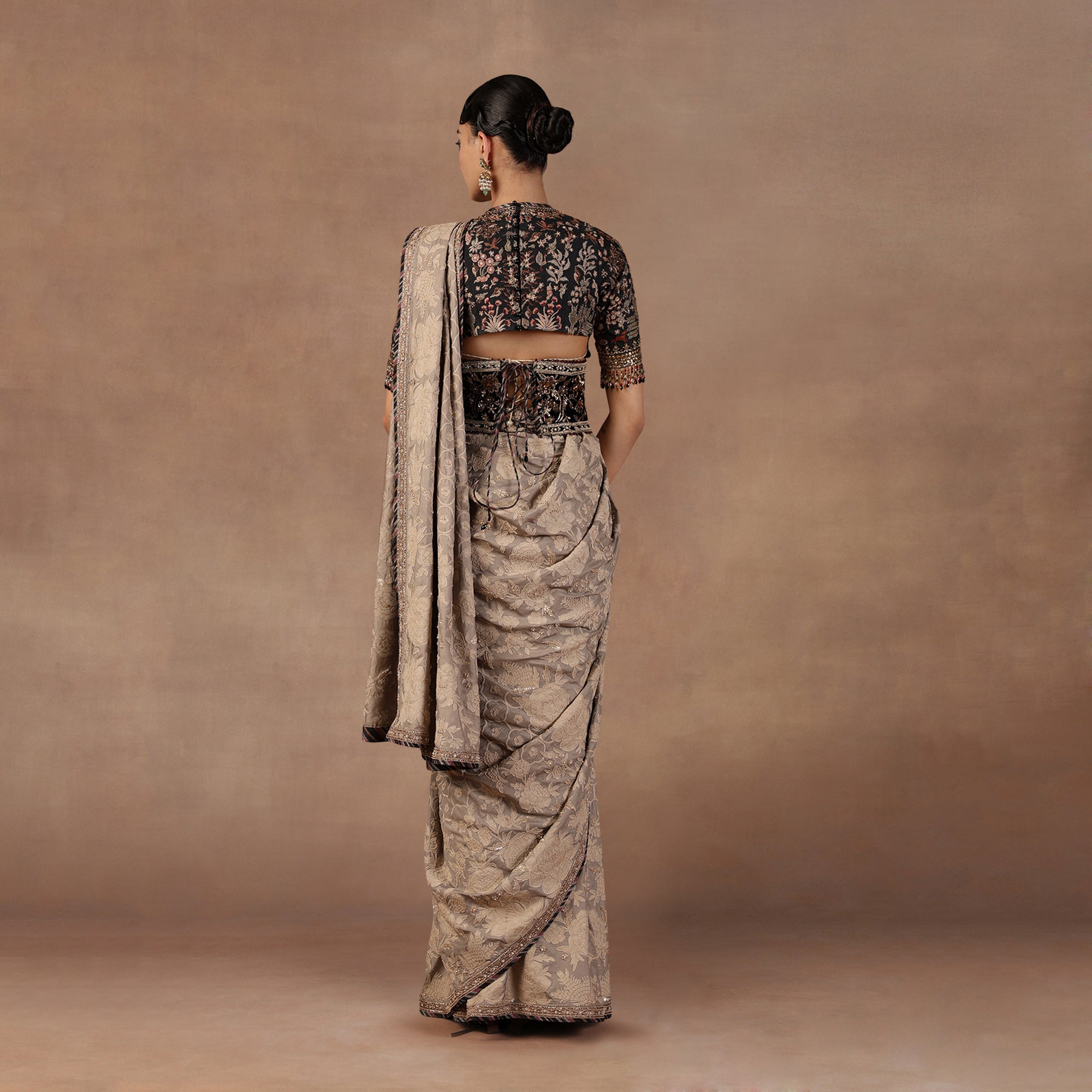 Taupe - Midnight Blue Saree Set
