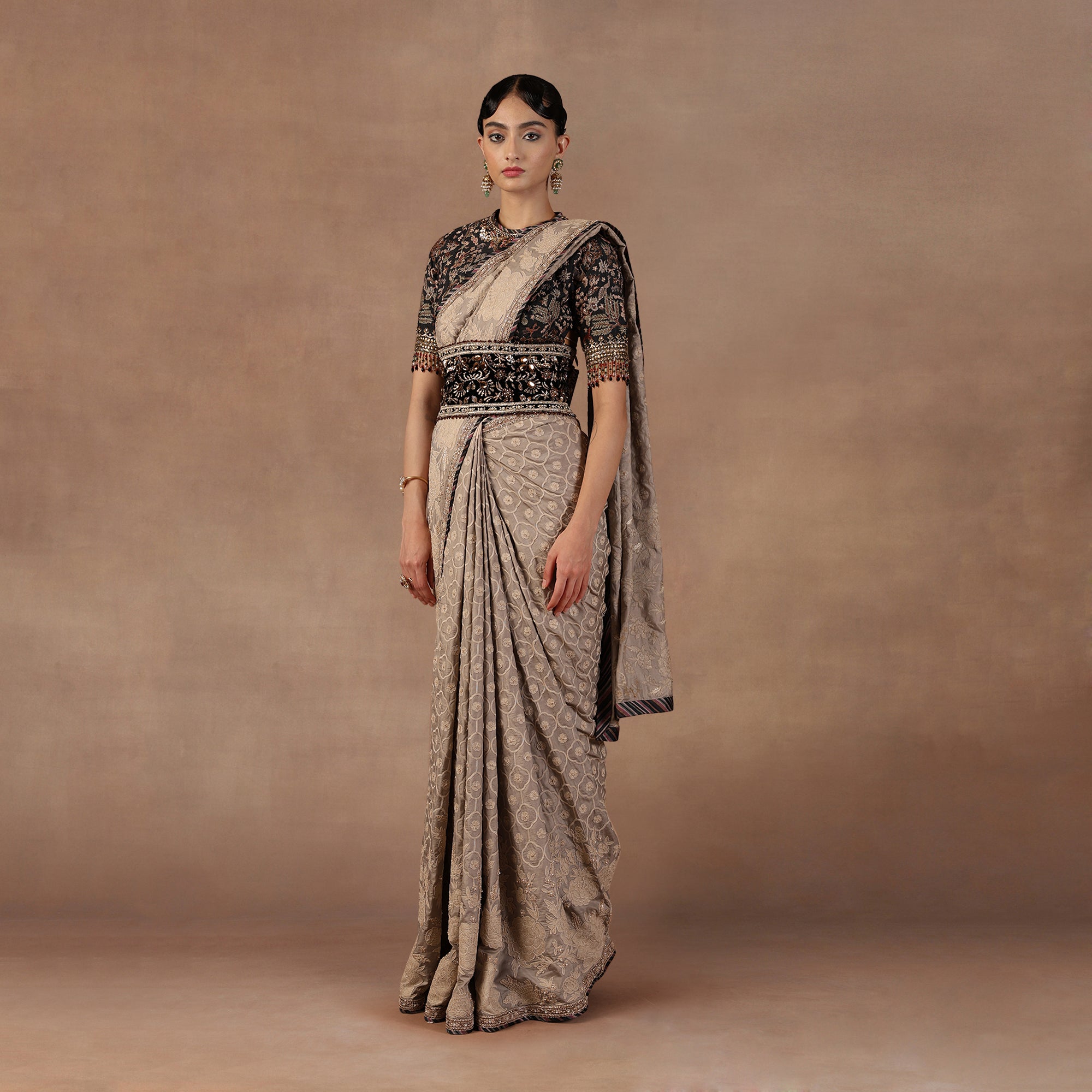 Taupe - Midnight Blue Saree Set