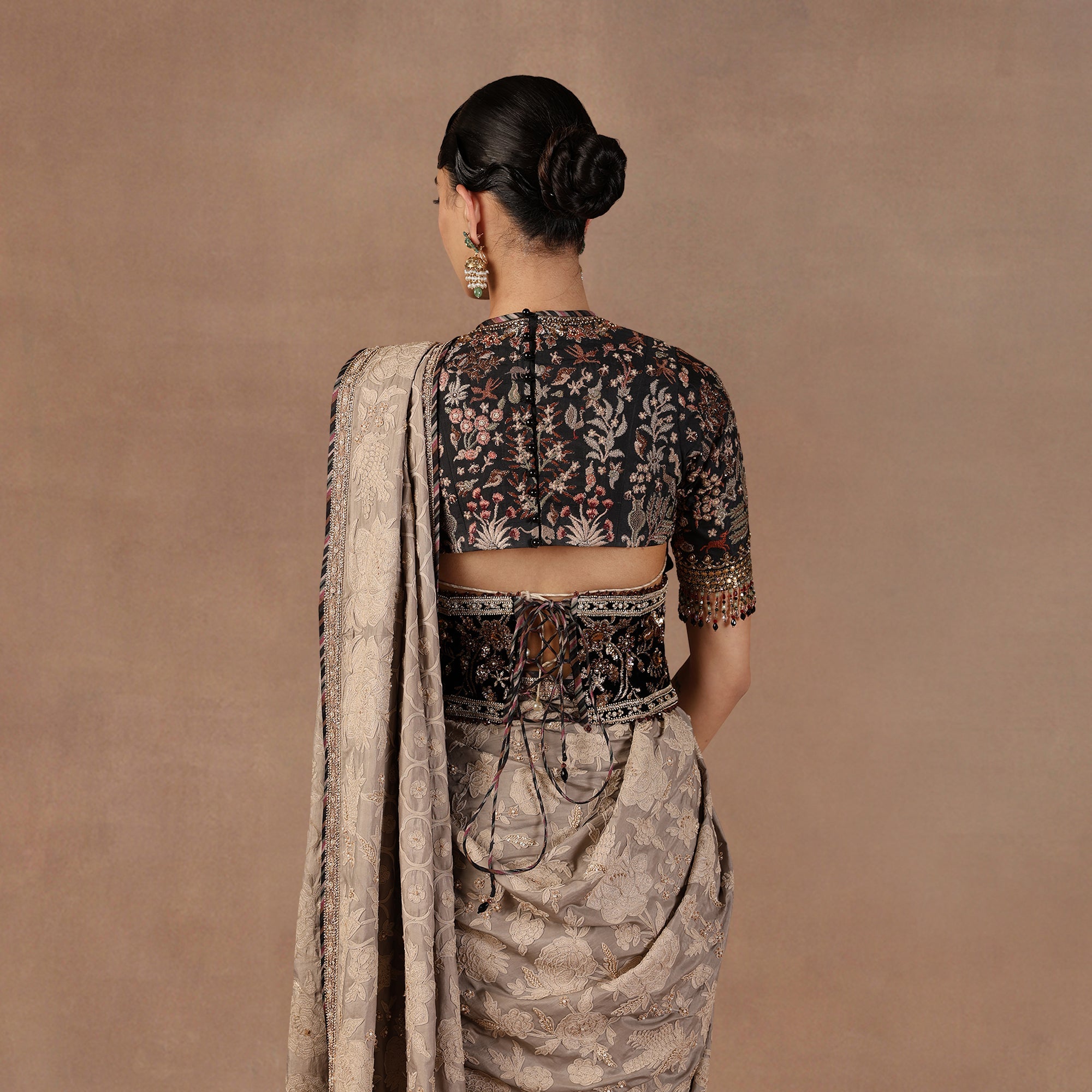 Taupe - Midnight Blue Saree Set