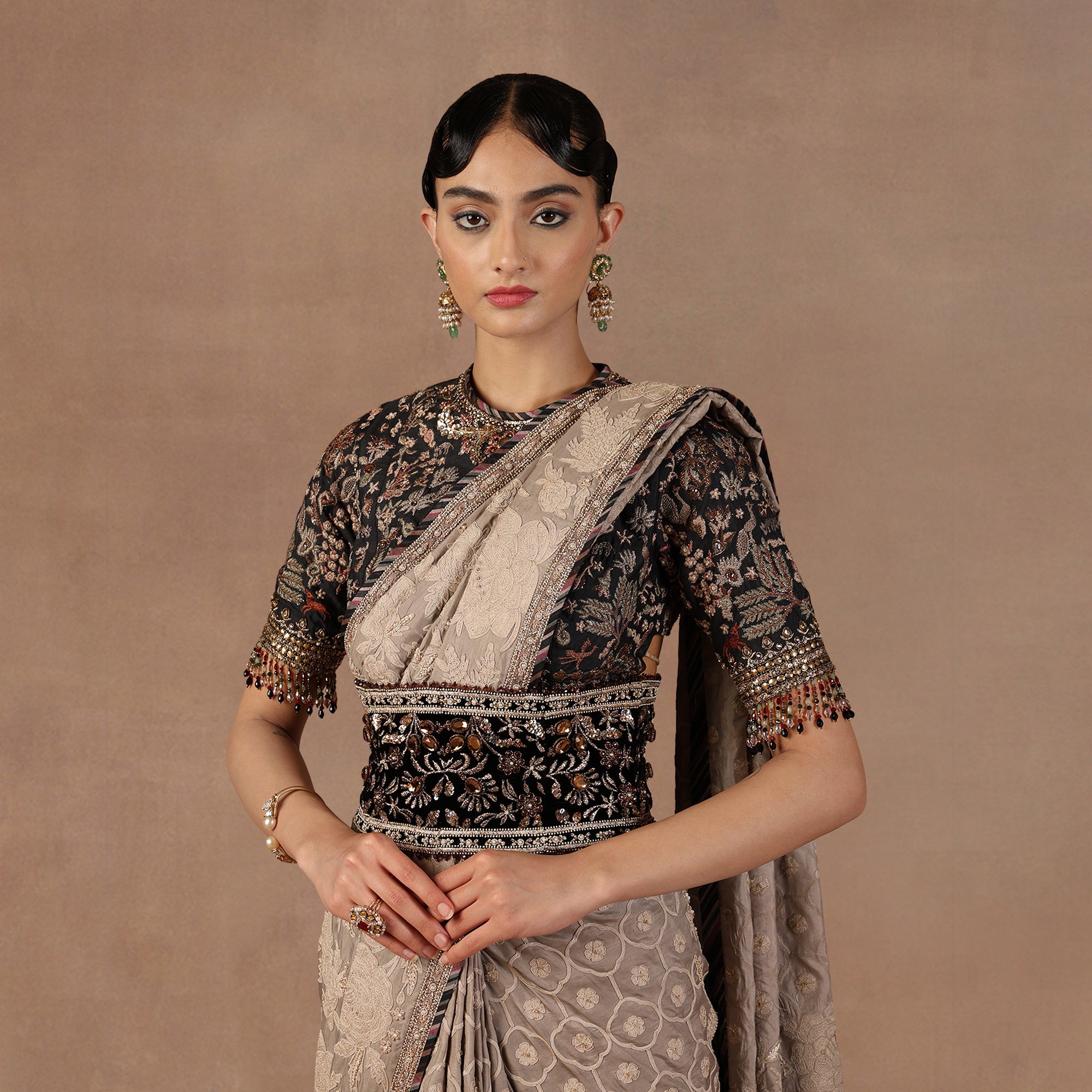 Taupe - Midnight Blue Saree Set
