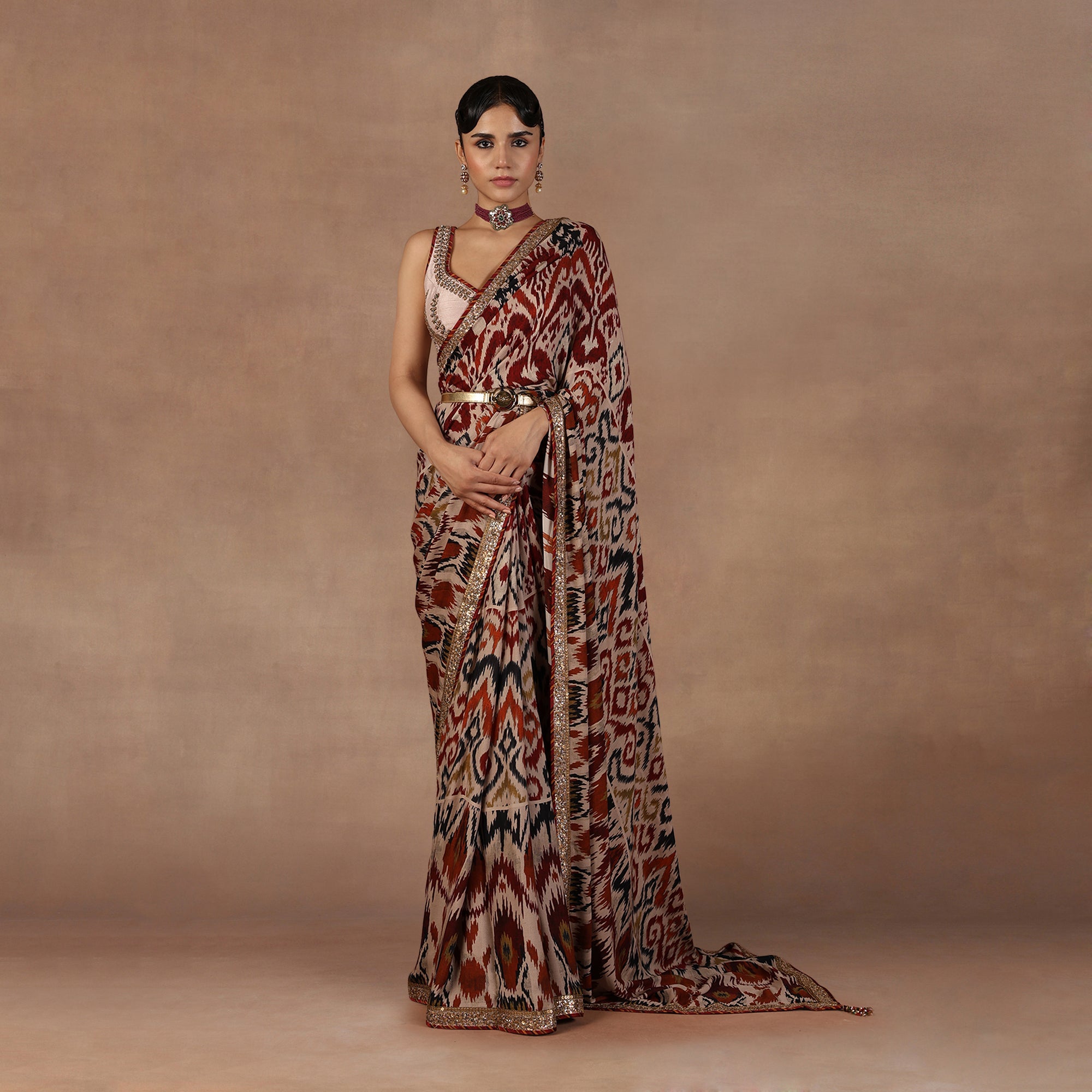 Taupe - Multihued Ikat Saree Set