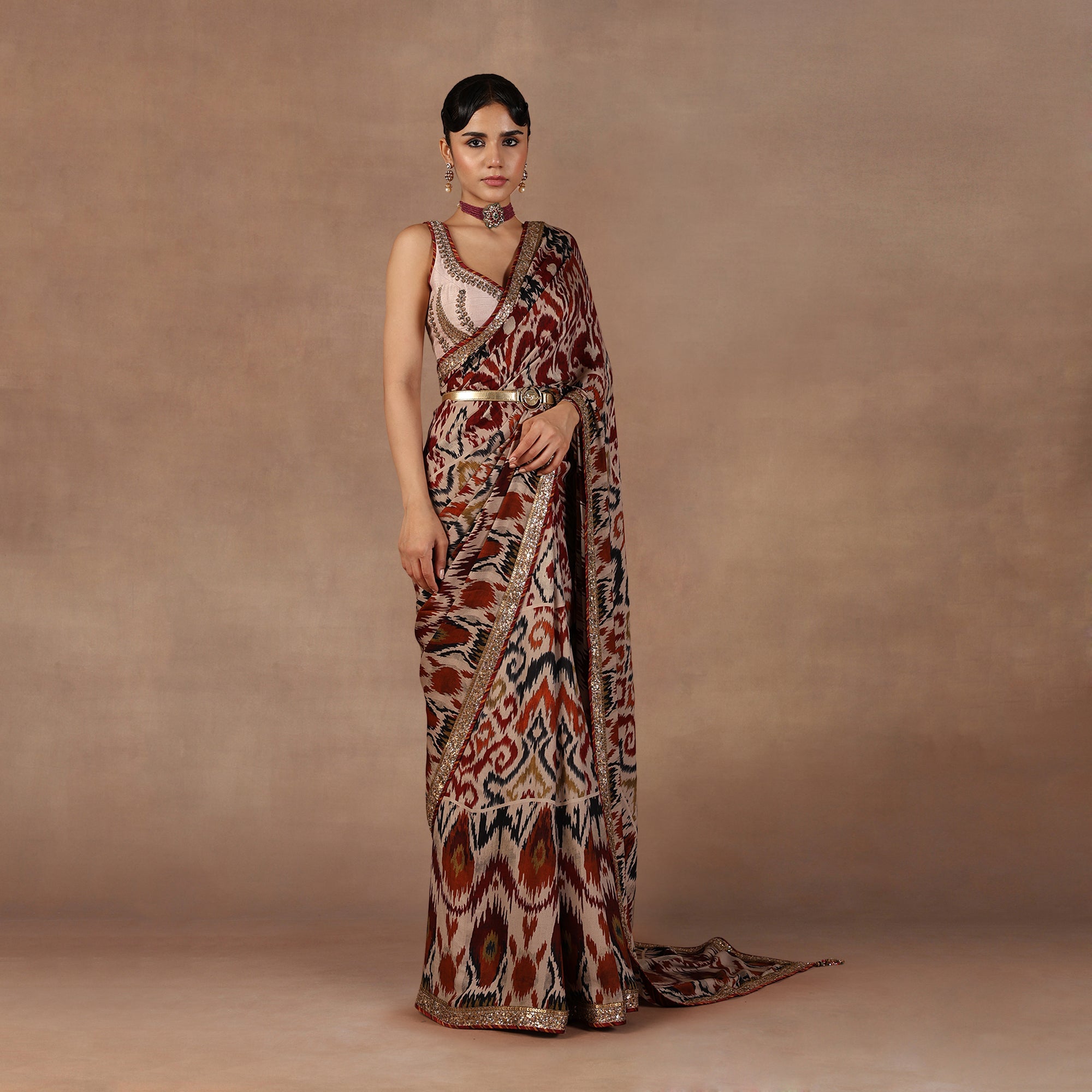 Taupe - Multihued Ikat Saree Set