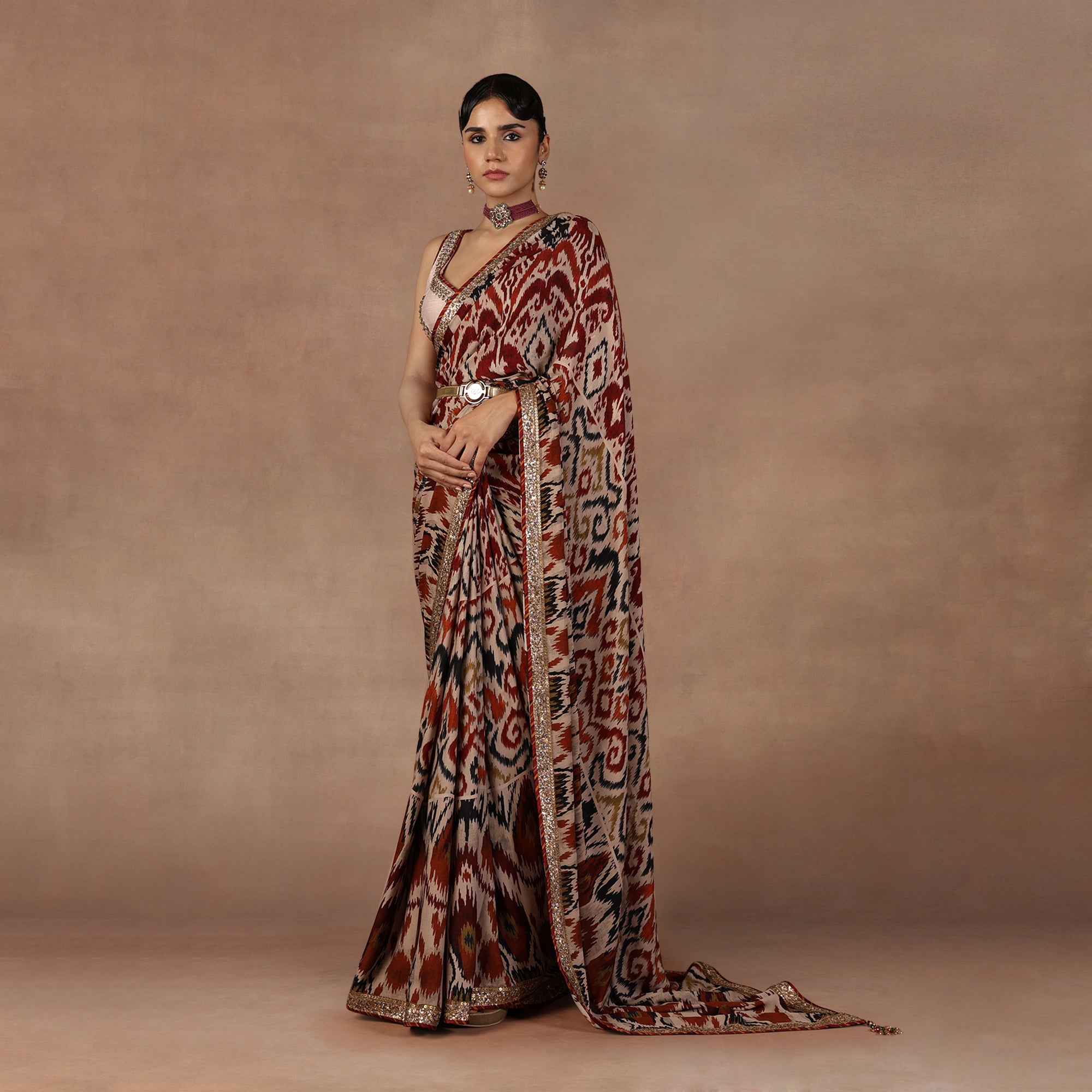 Taupe - Multihued Ikat Saree Set