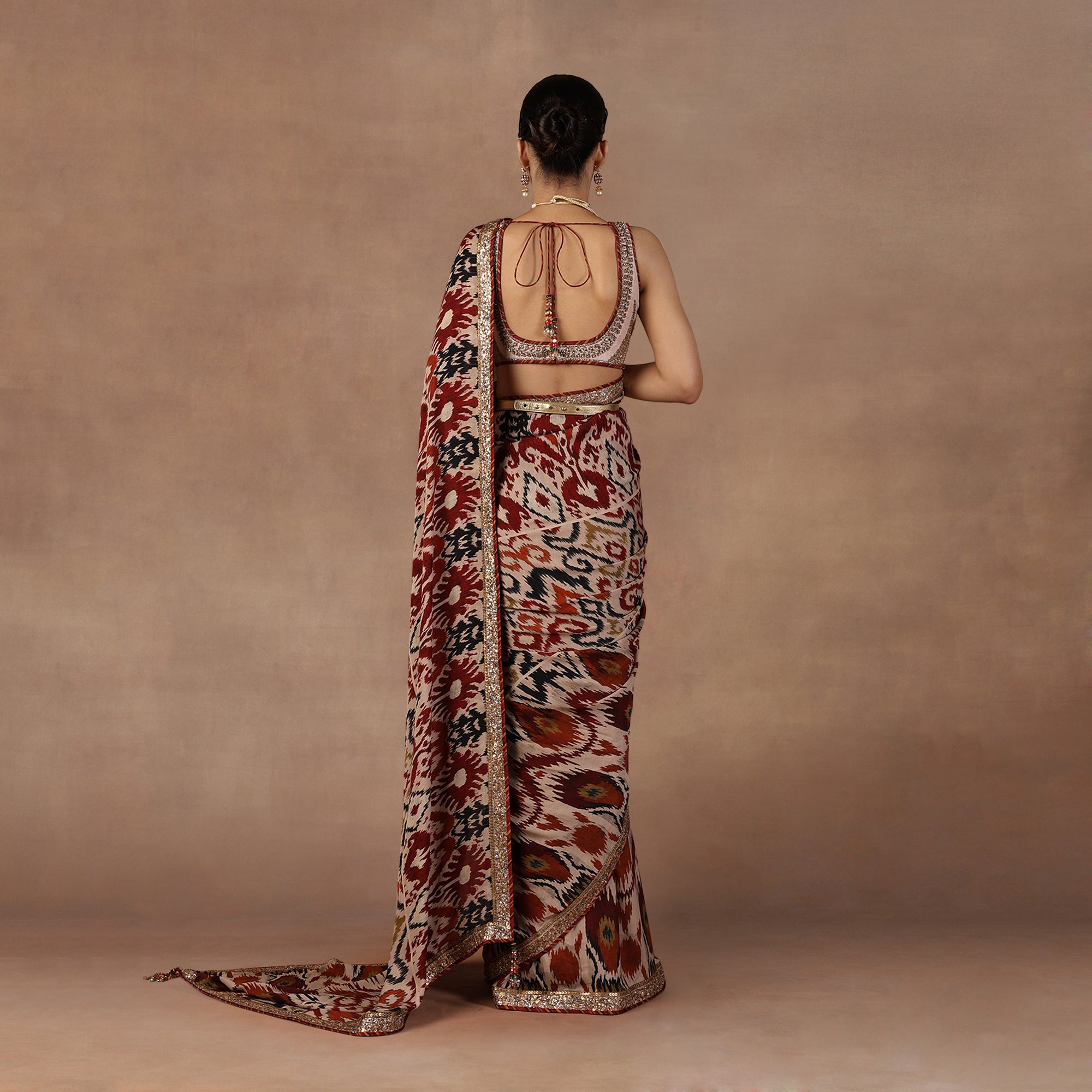 Taupe - Multihued Ikat Saree Set