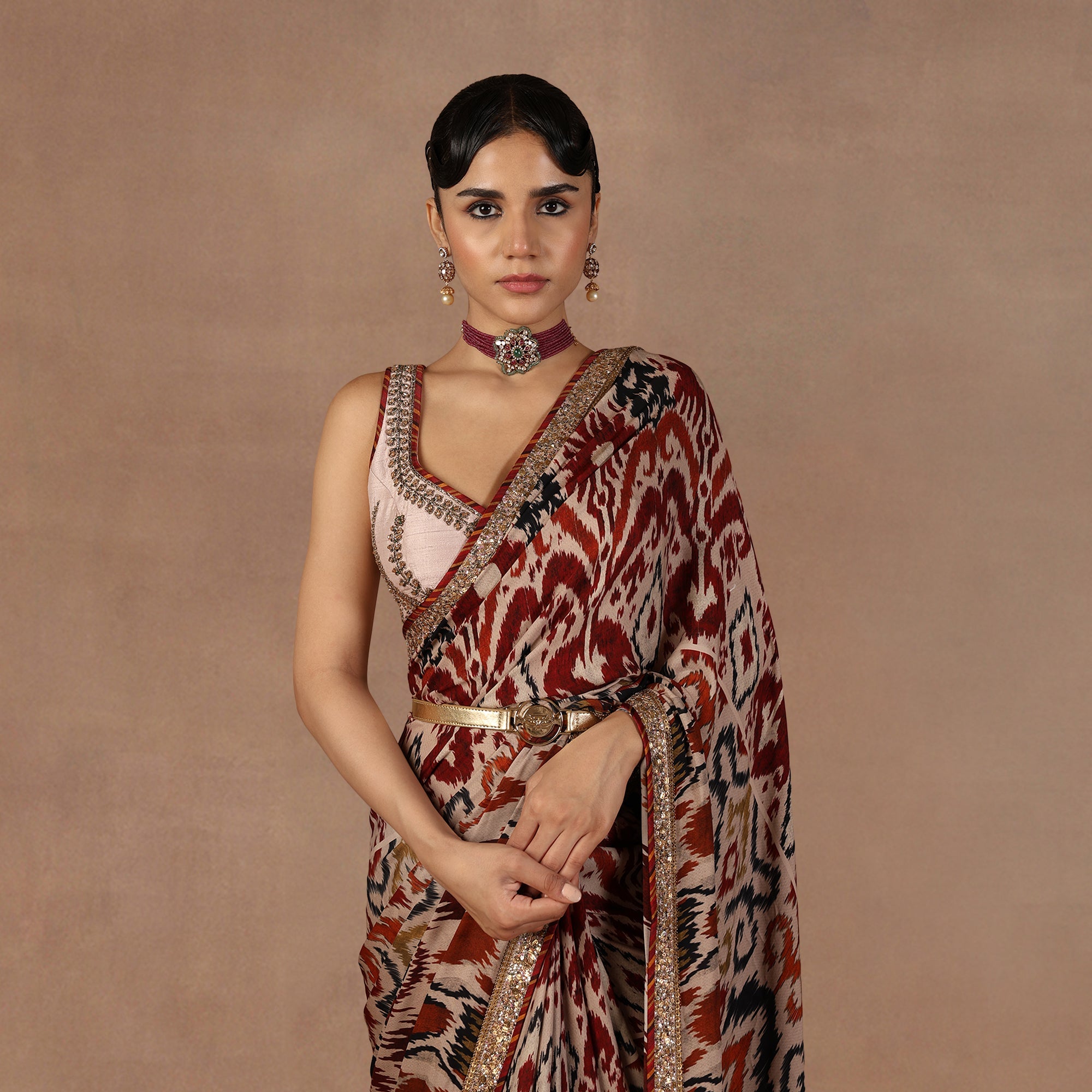 Taupe - Multihued Ikat Saree Set