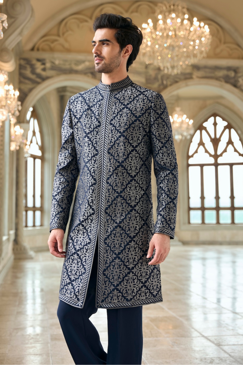 Navy &amp; Silver Zari Sherwani Set - Ready to Ship