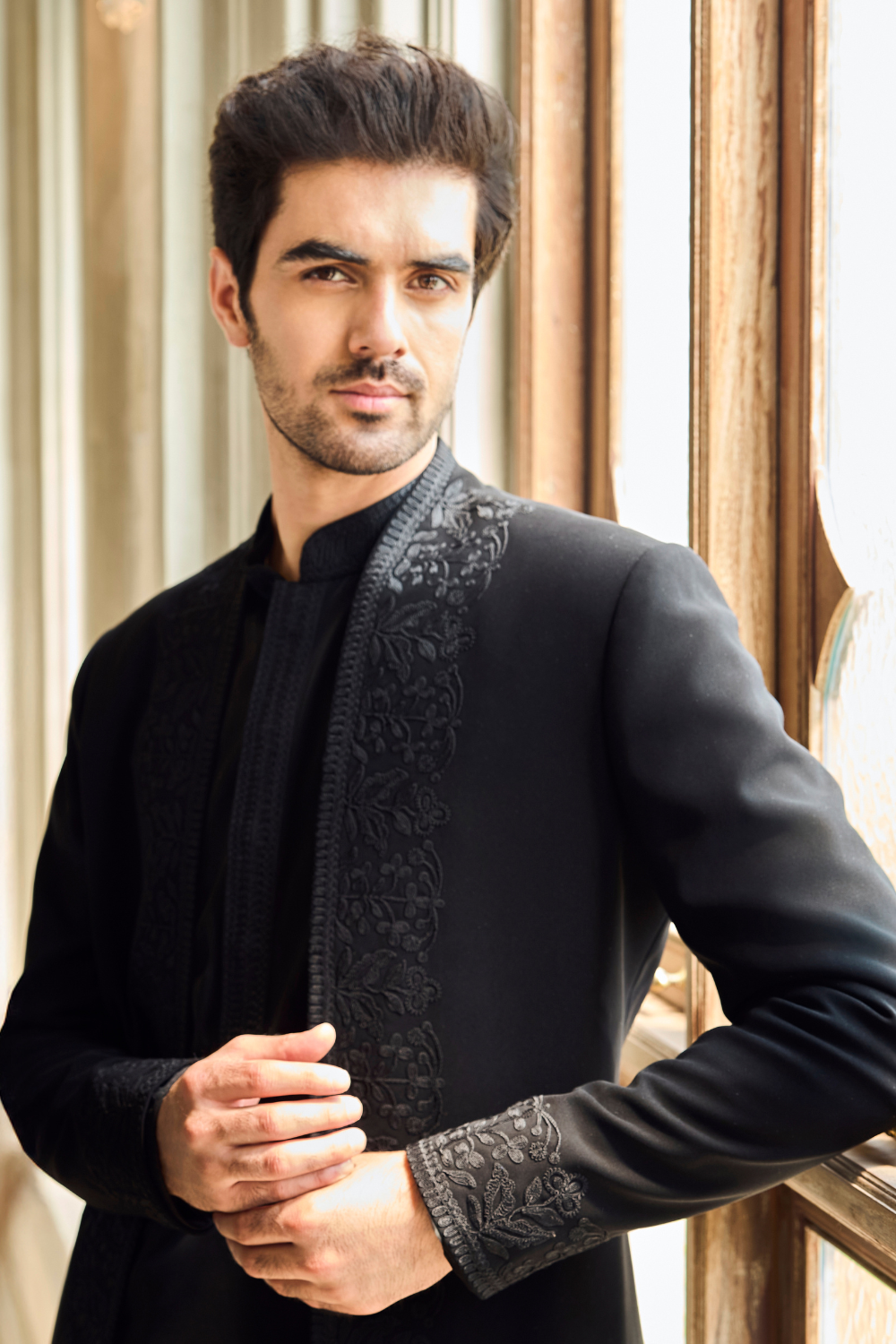 Black Thread Work Open Jacket Set - Ready to Ship