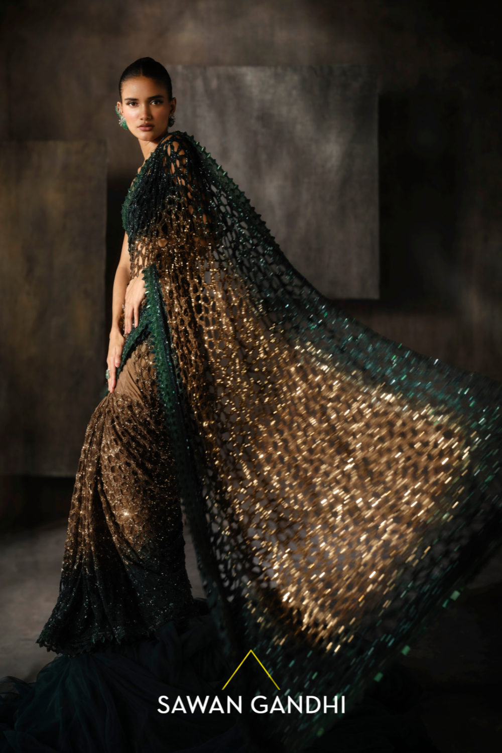 Green And Gold Cutwork Saree
