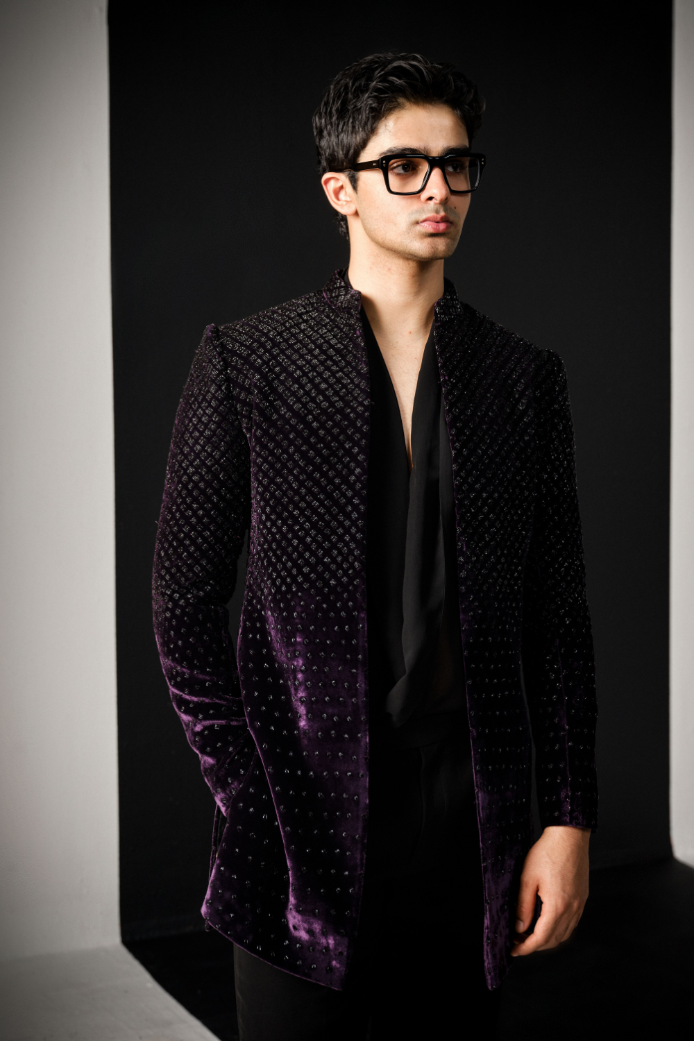 Wine Cutdana Velvet Sherwani