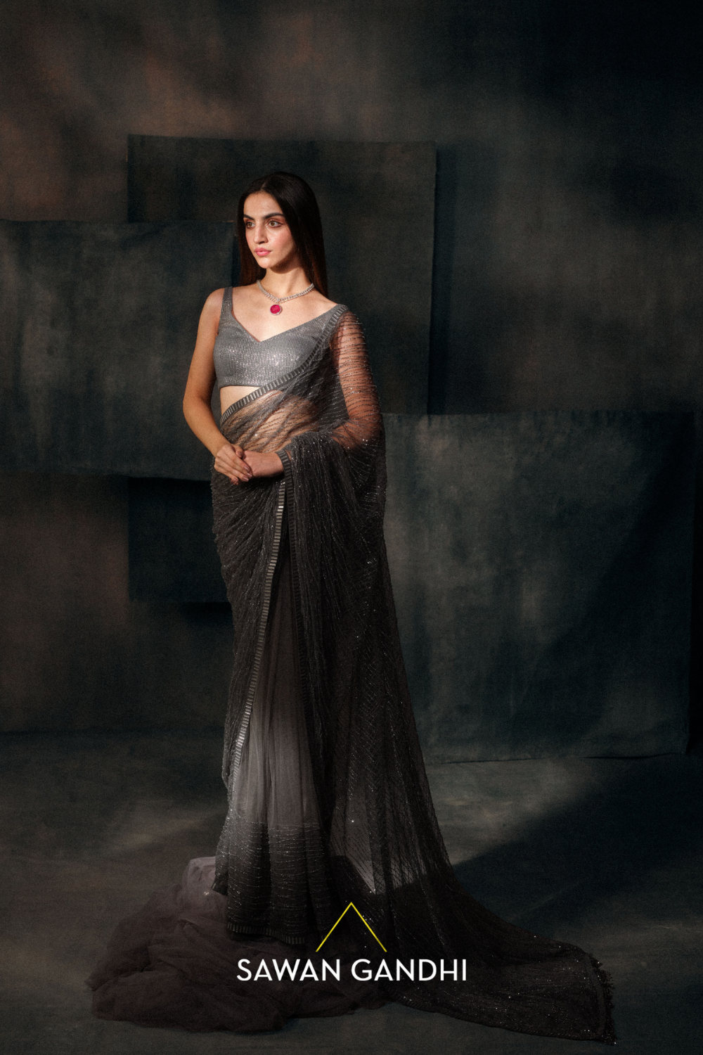Dark Grey Sequin Jaal Net Saree