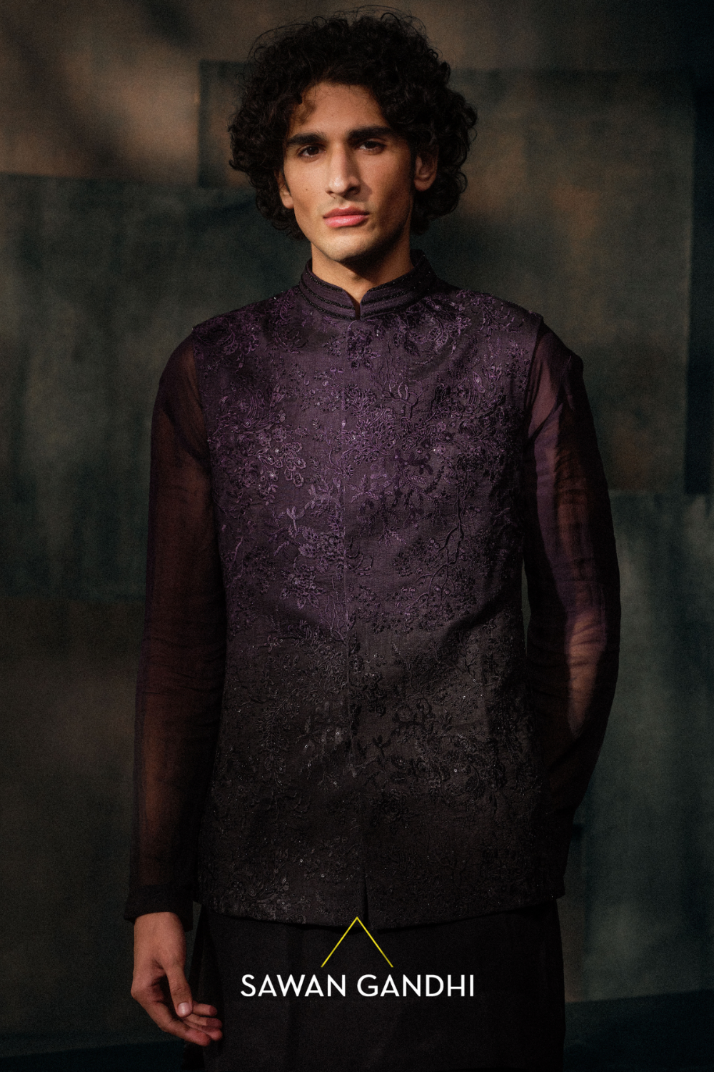 Wine To Black Threadwork Nehru