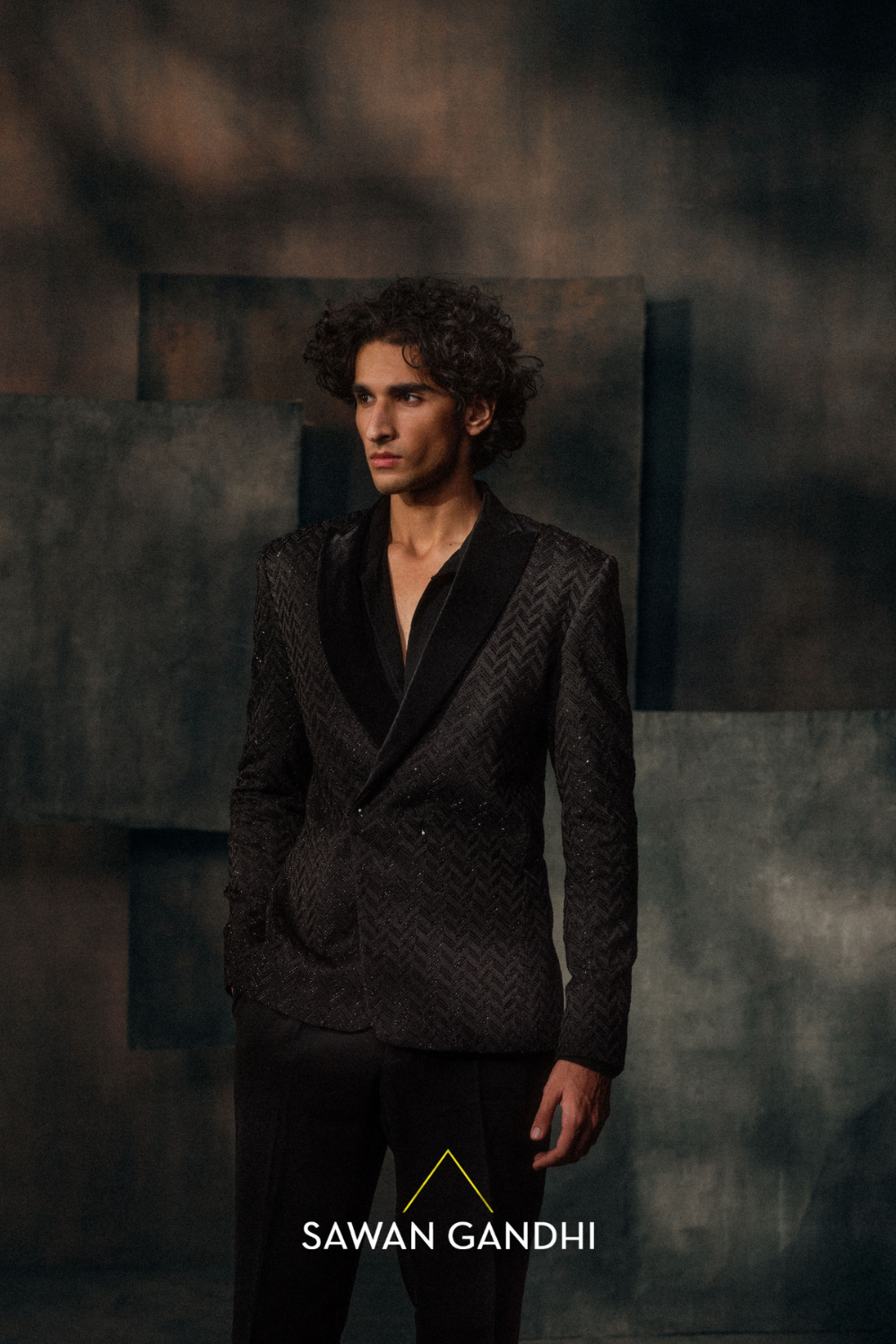 Black Chevron Pattern Cutdana Jacket