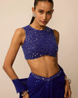 Cocktail Blue Sequins Embroidered Draped Skirt Set
