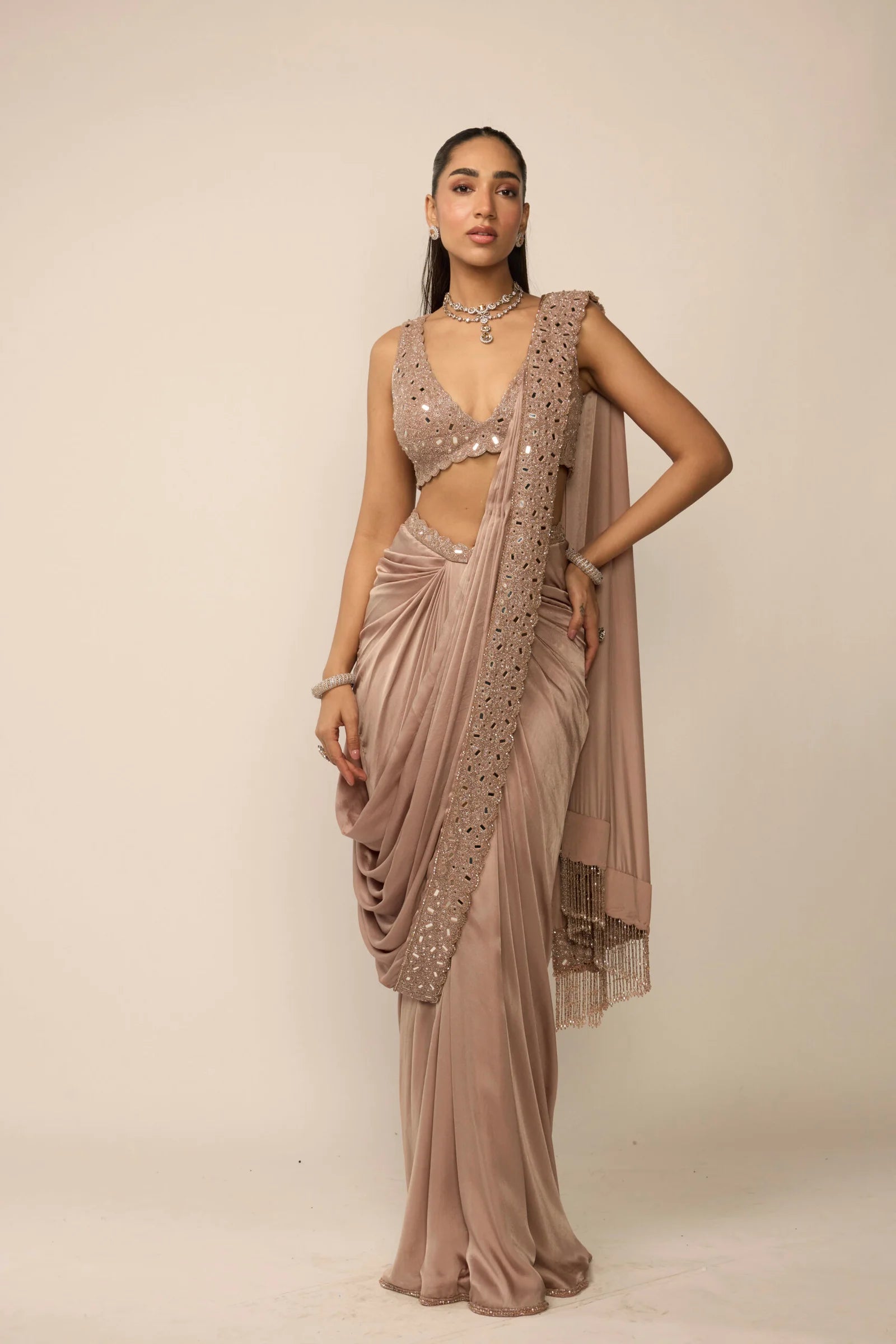 Bronze Rosé Satin Draped Saree Set