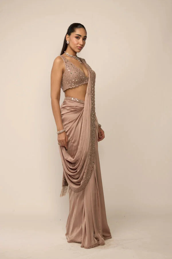 Bronze Rosé Satin Draped Saree Set