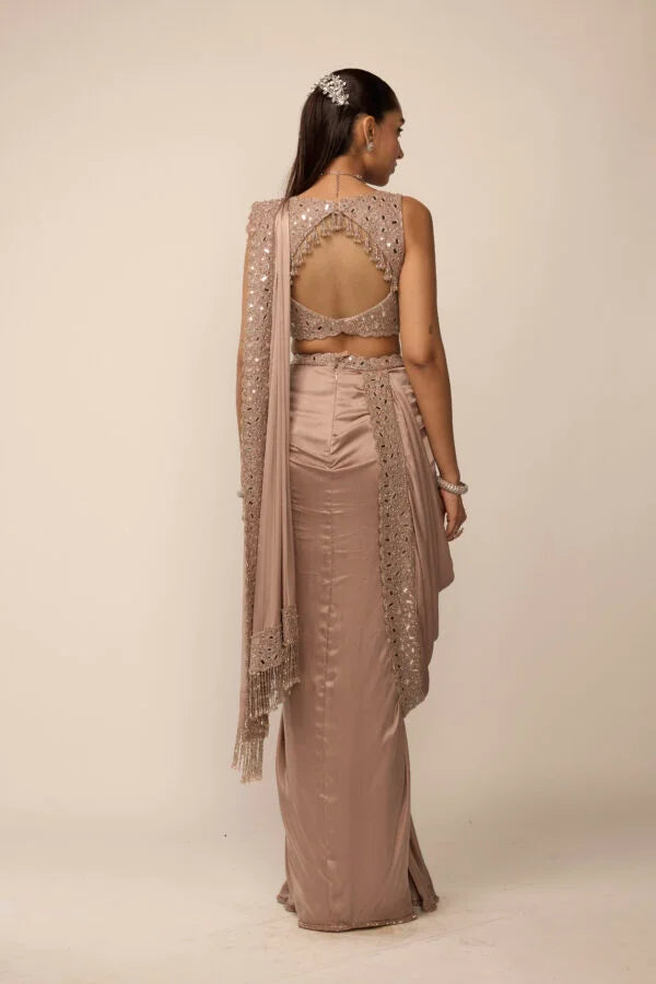 Bronze Rosé Satin Draped Saree Set