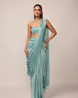 Powder Blue Satin Draped Saree Set