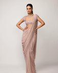 Ash Pink Sequins Embroidered Draped Saree Set