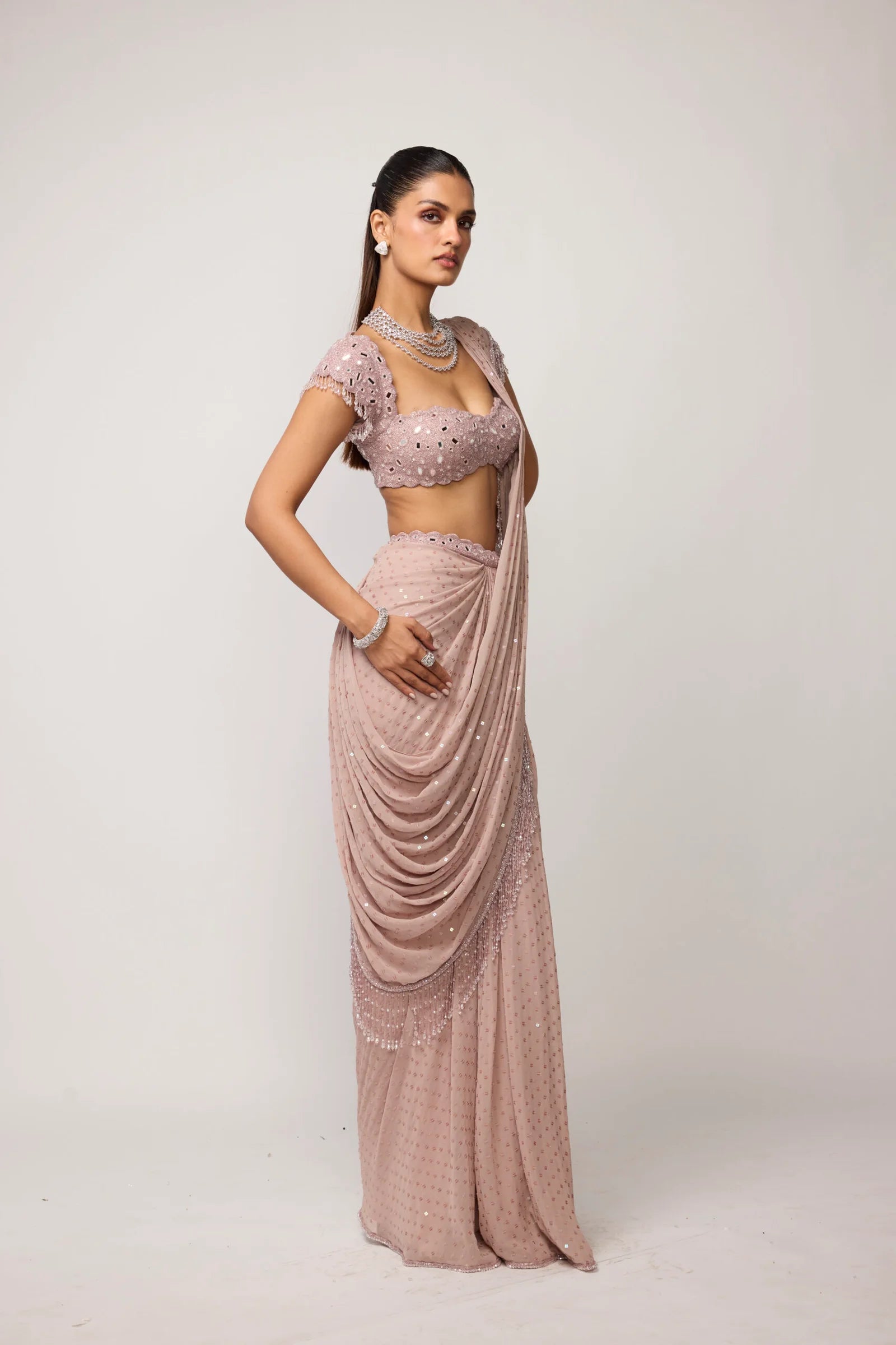 Ash Pink Sequins Embroidered Draped Saree Set