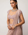 Ash Pink Sequins Embroidered Draped Saree Set