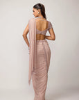 Ash Pink Sequins Embroidered Draped Saree Set