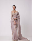 Ash Pink Hand Embroidered Organza Saree Set