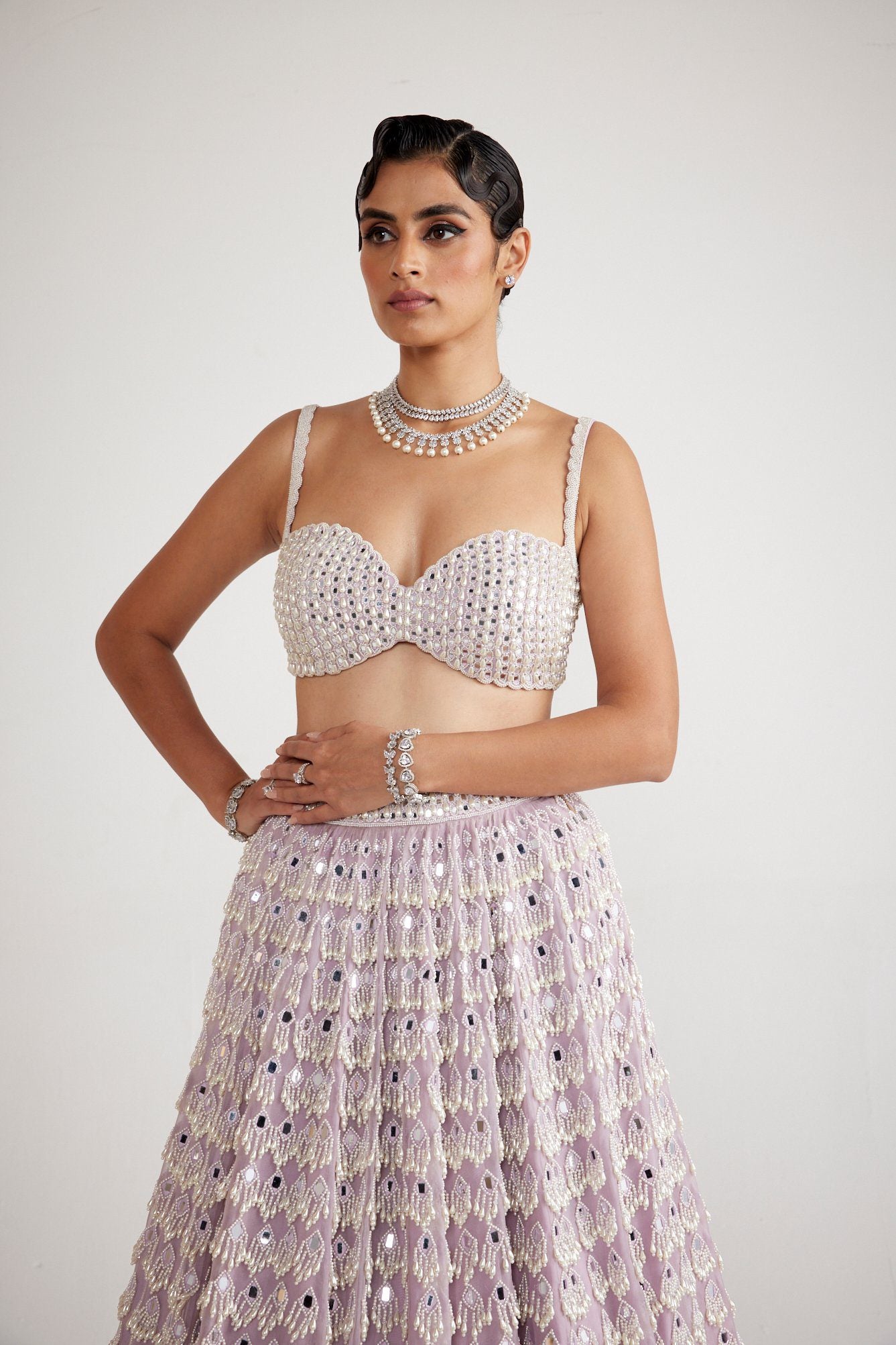 Powder Lilac Chandelier Pearl Drop Lehenga Set - Ready to Ship
