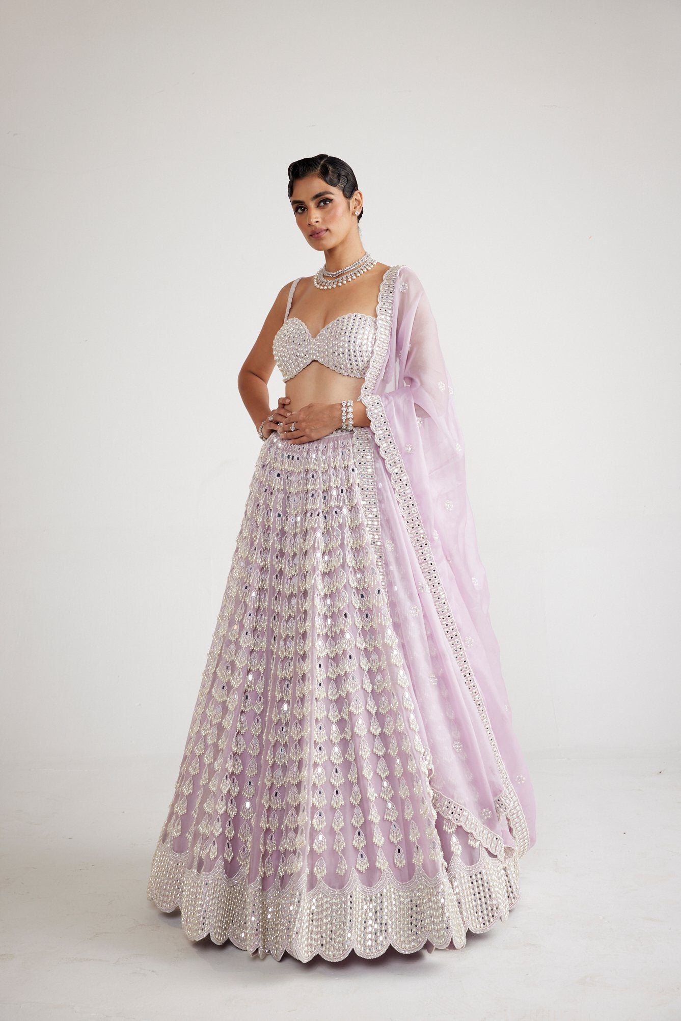 Powder Lilac Chandelier Pearl Drop Lehenga Set - Ready to Ship