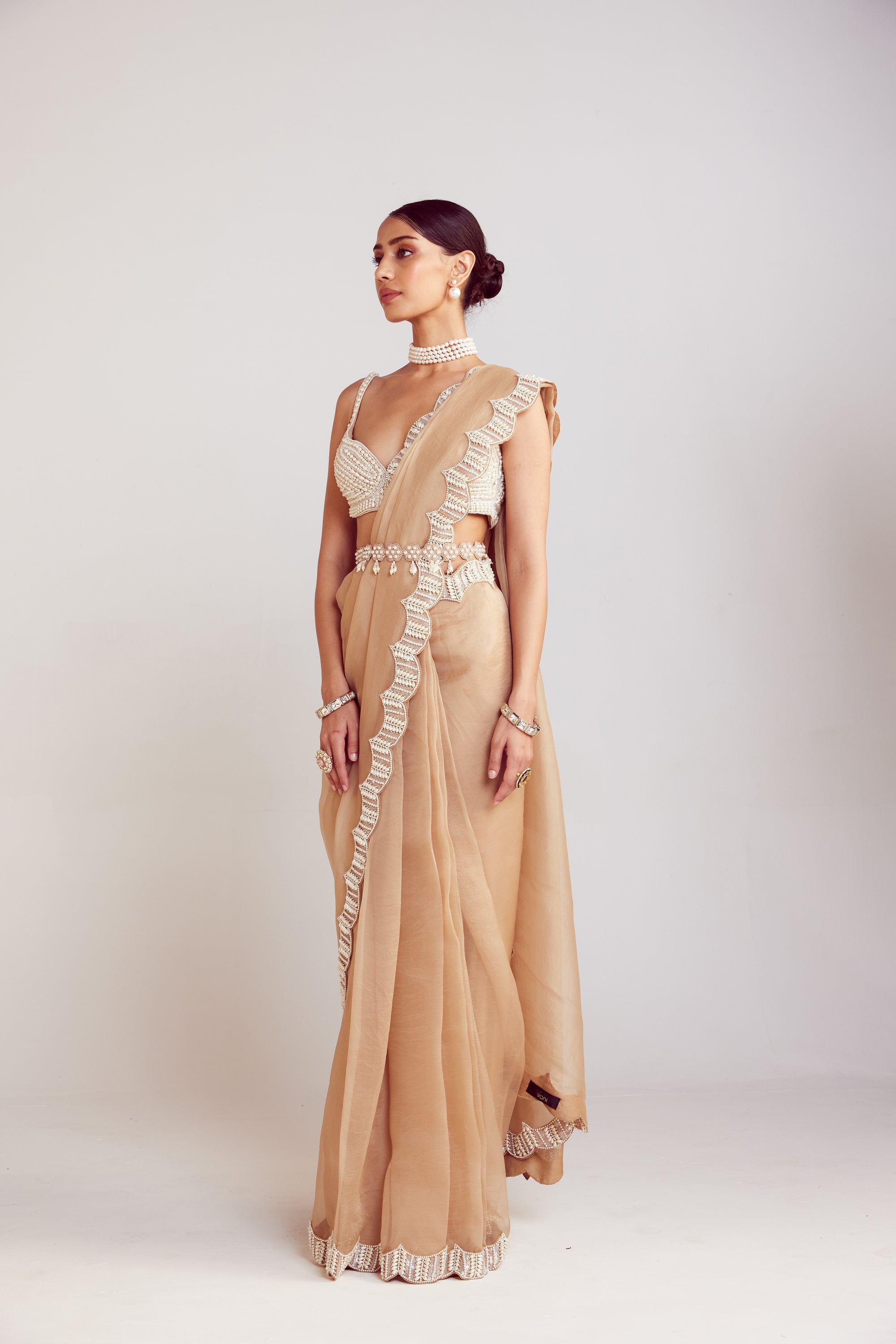 Beige Pre-Draped Saree Set