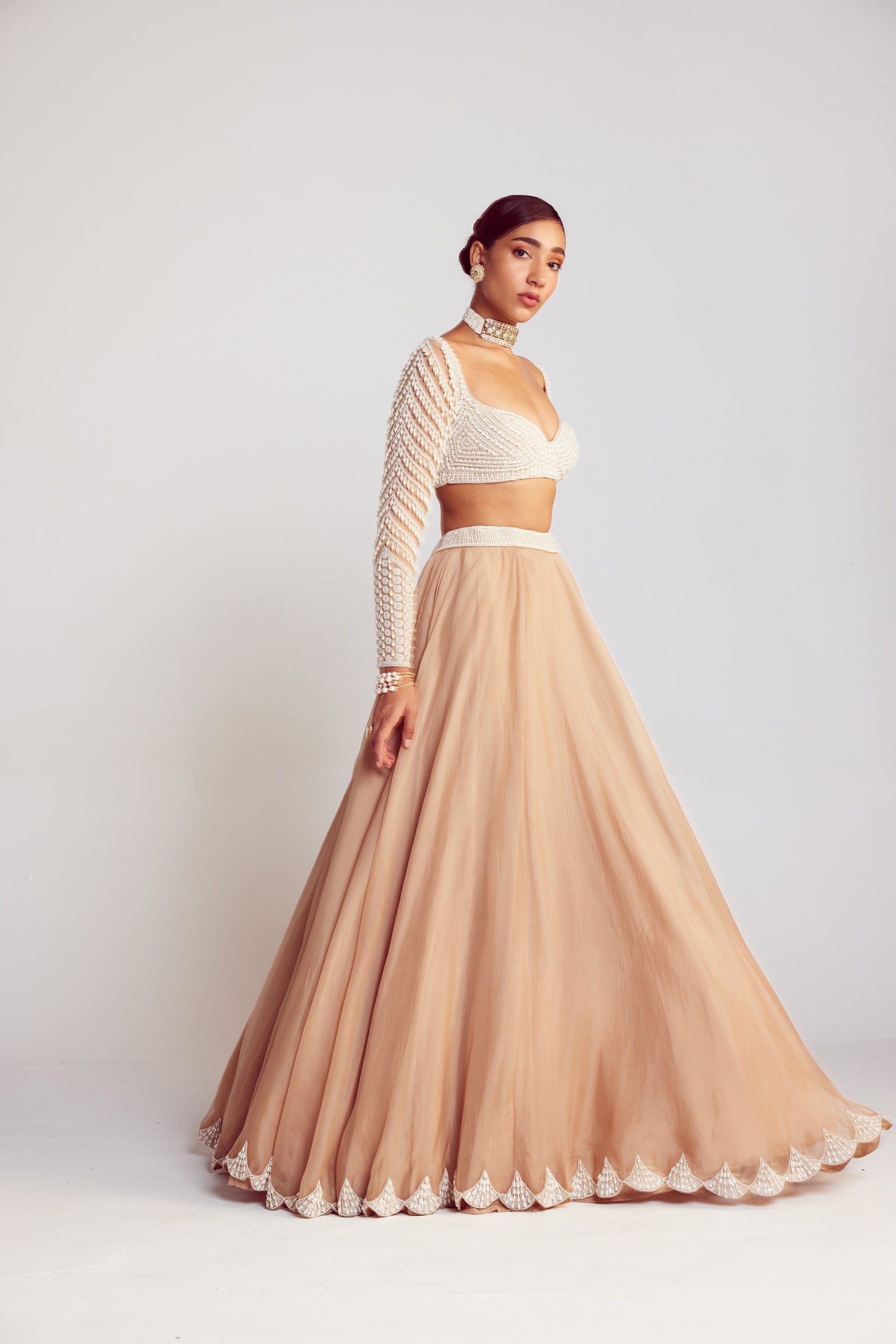 Beige Pearl Chandelier Drop Organza Lehenga Set