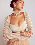 Beige Pearl Chandelier Drop Organza Lehenga Set