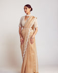 Beige V Neck Pre-Draped Saree Set